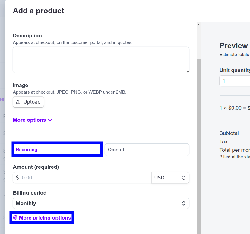 Specifying a recurring charging method for a product and selecting for more pricing options in Stripe Dashboard's product creation screen