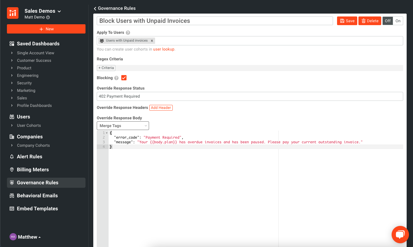 Moesif Governance Rule