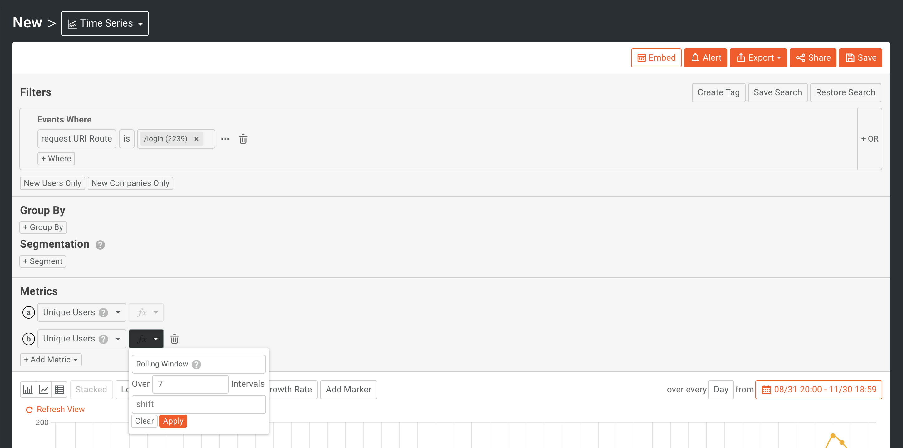 Set second metric to unique users with 7-day rolling window