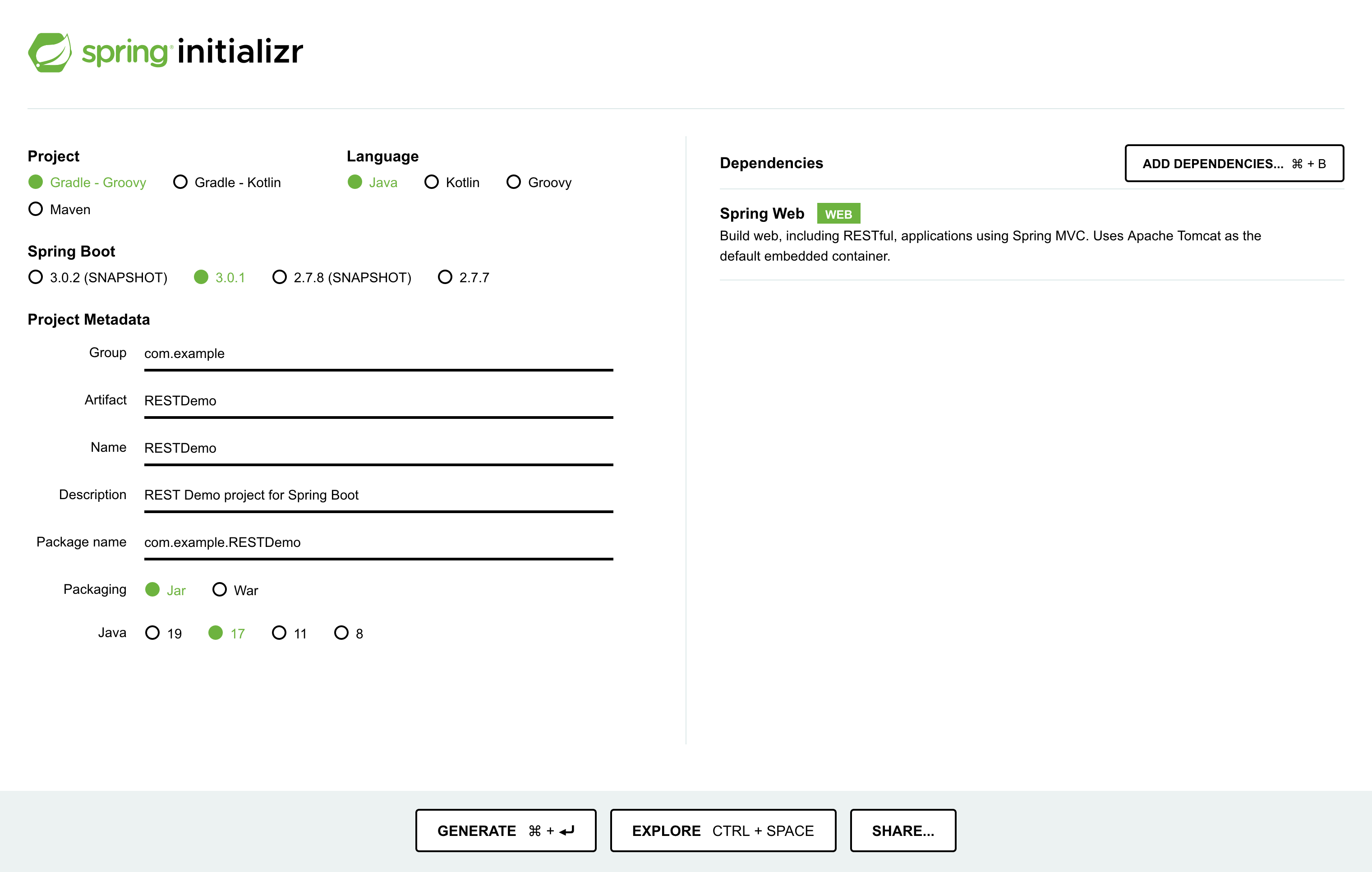 Spring Initializr Configuration screen