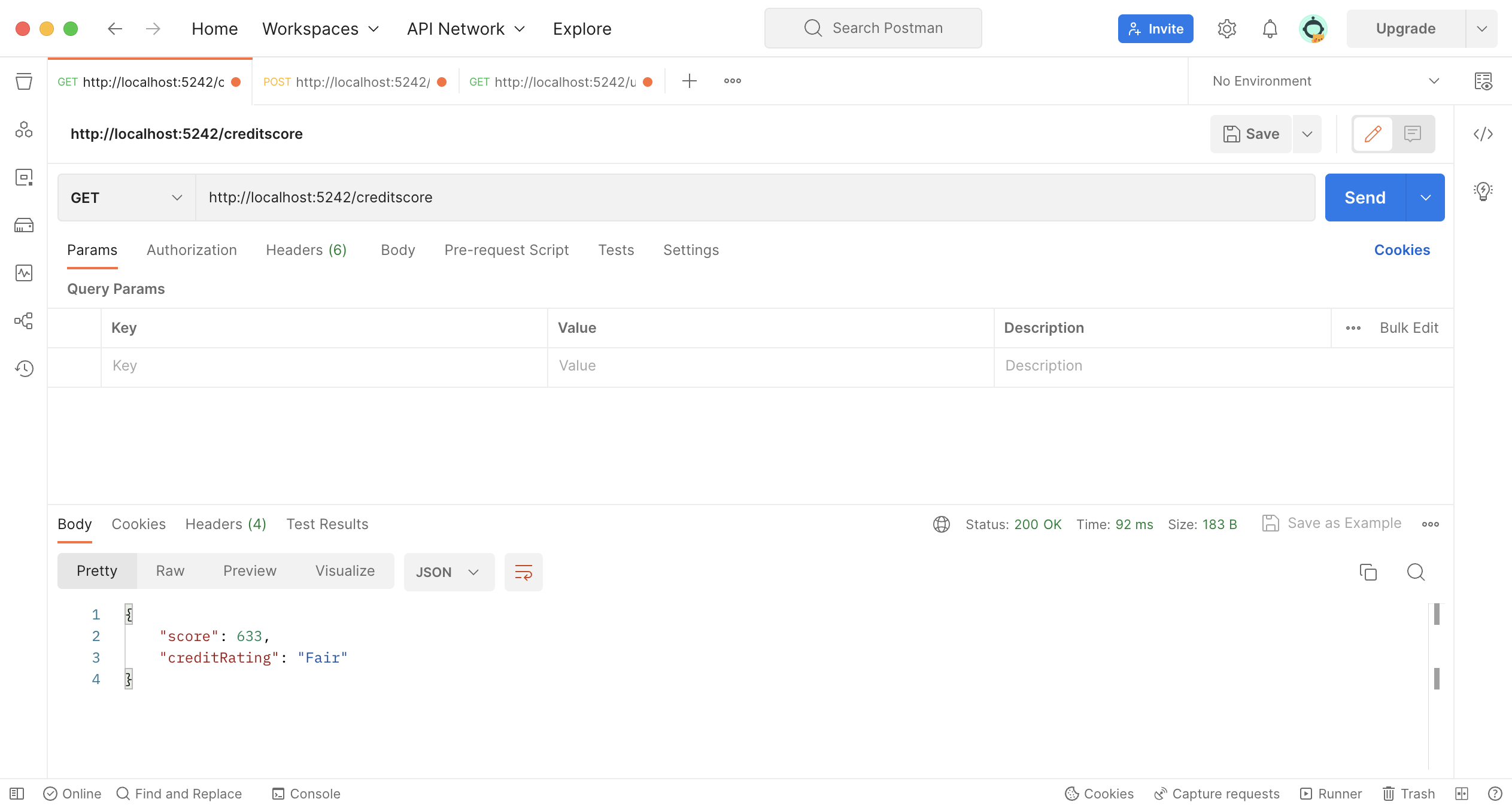 Postman Request Showing the Testing of the Credit Score Endpoint