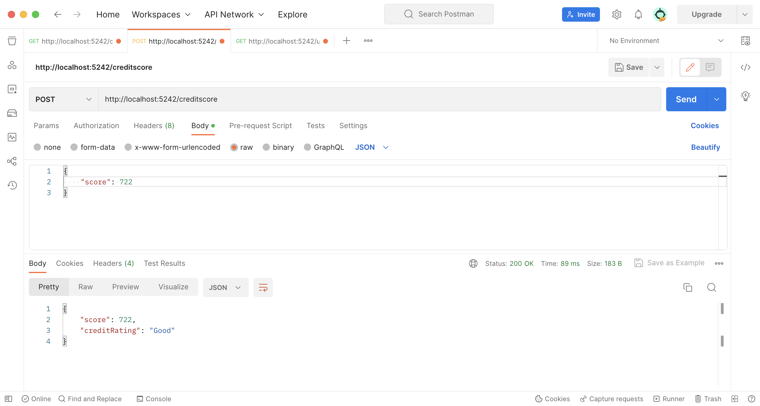 Postman Request Showing the Testing of the Credit Score Endpoint