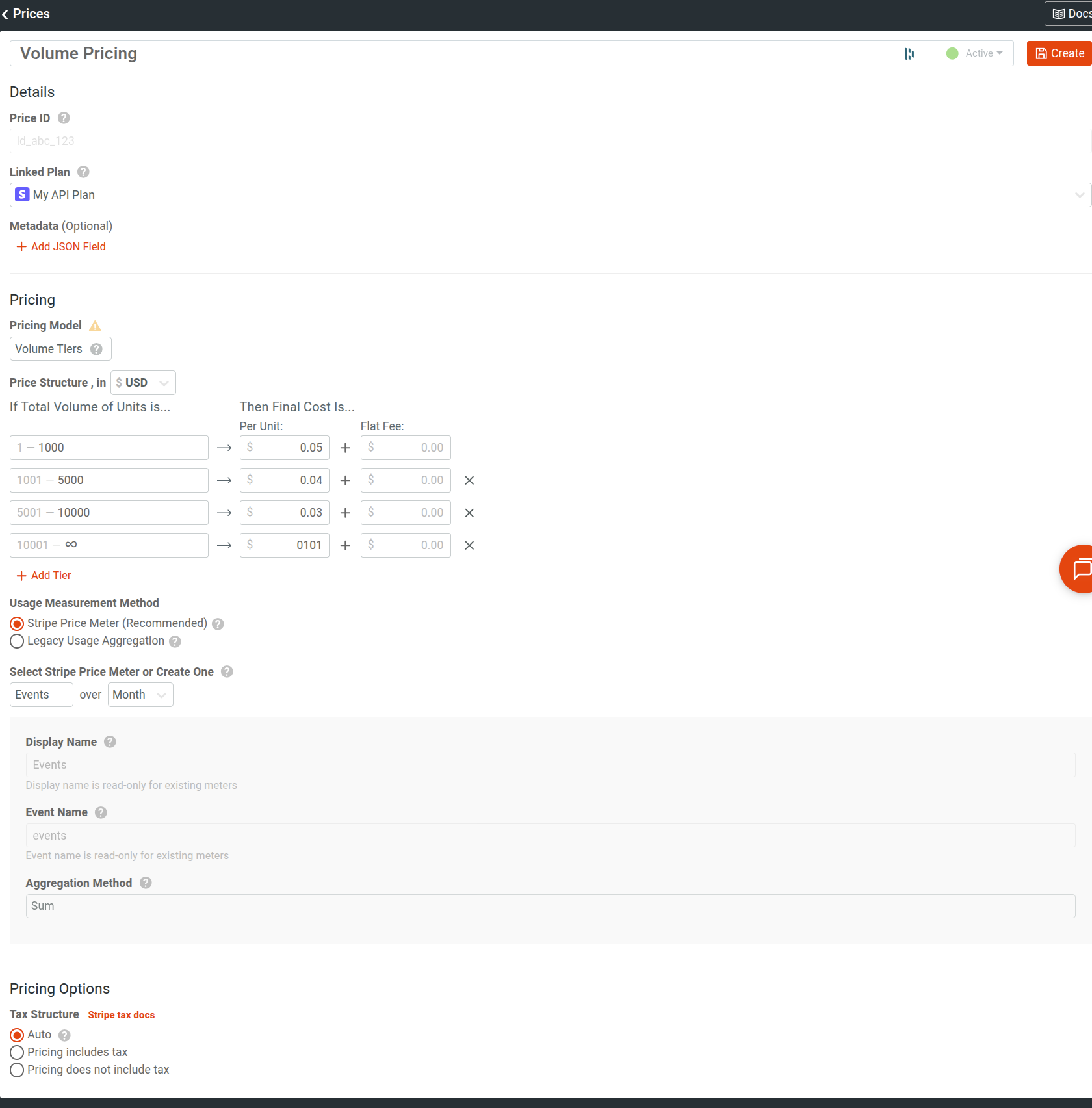 Product Catalog Price Input screen