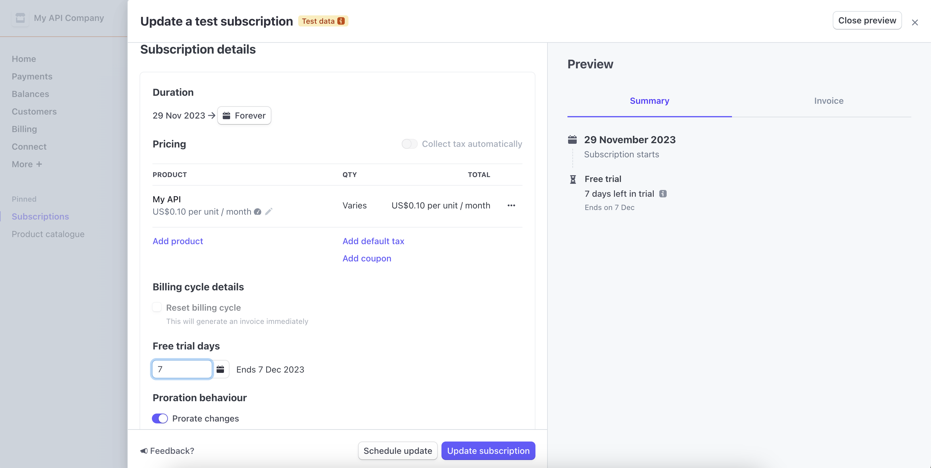 Update Test Subscription