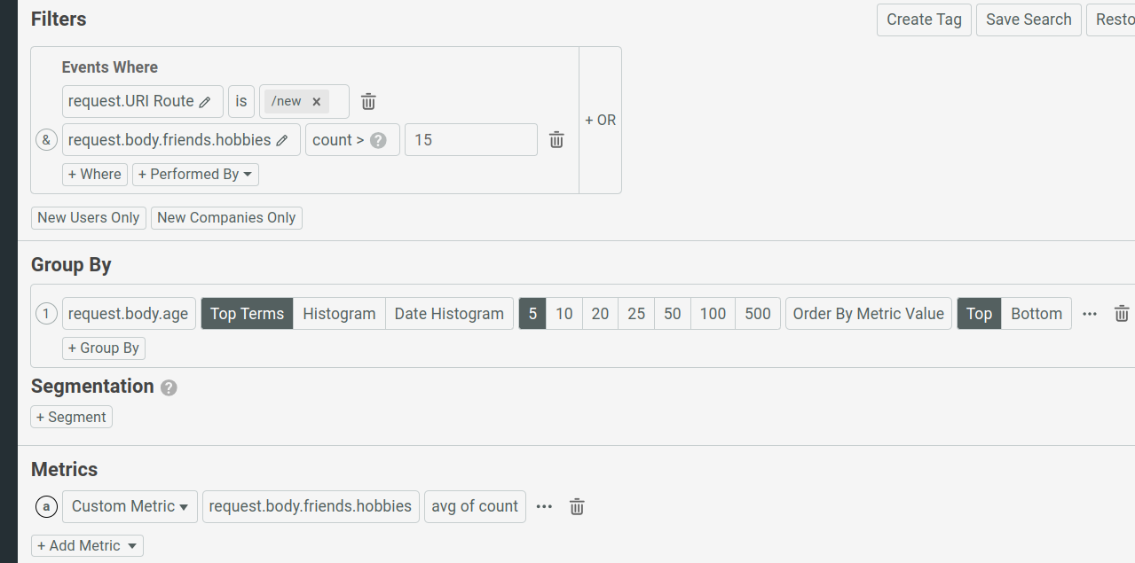 The filters, grouping, and metric criteria for the example chart described above.