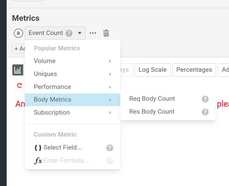 The default body metrics options in Moesif.