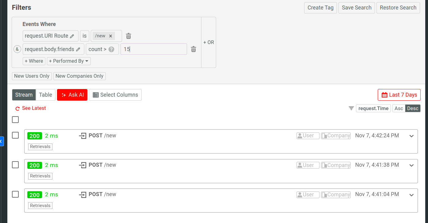 Using the 'count' filter operator on a HTTP request body field in Moesif