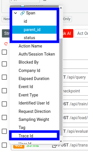 Filter list showing different filters for events