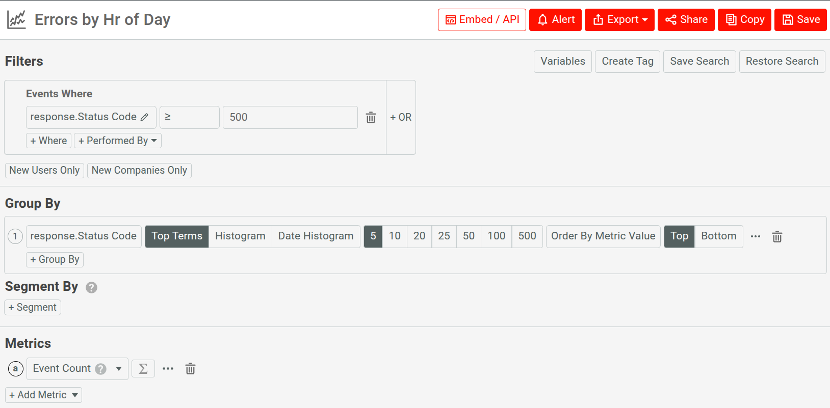 Analysis settings to identify 5xx server errors by different 5xx error code types. Filter, group, and metric settings for analyzing 5xx server errors.