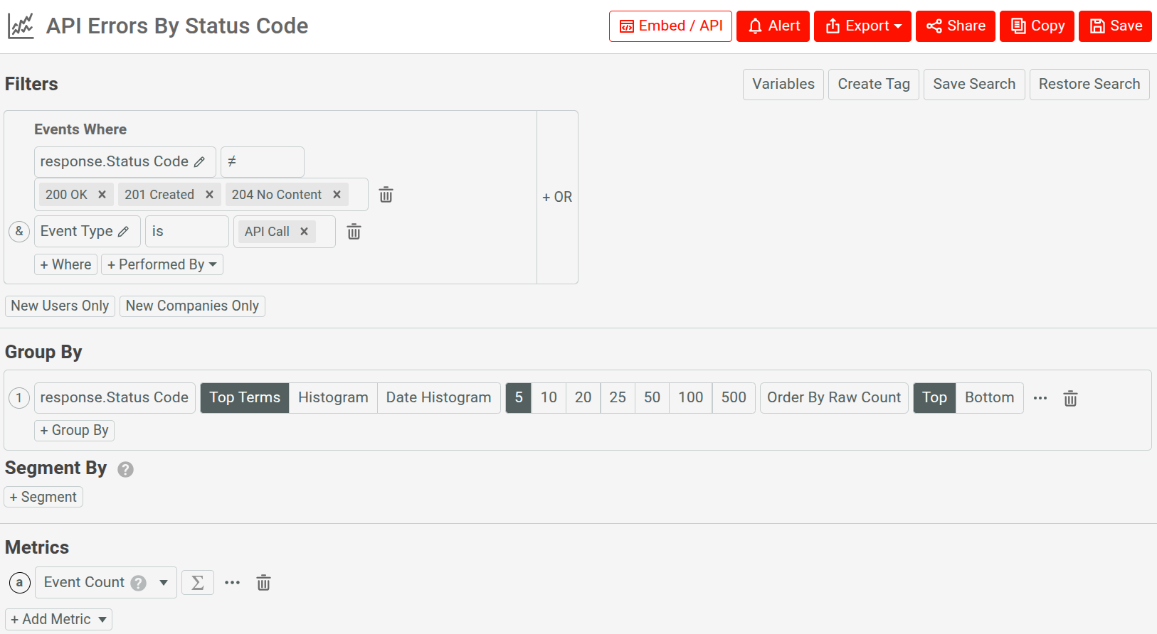 Analysis settings to identify all API errors and break them down based on error code. Filter, group, and metric settings for analyzing API errors.