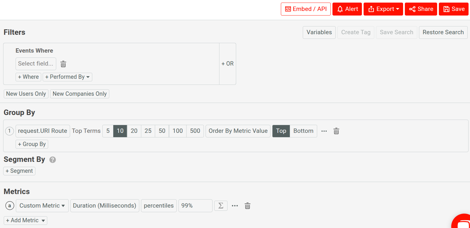 Filters, group, and metric settings for P9 latency analysis in Moesif Analysis settings for P99 latency analysis.