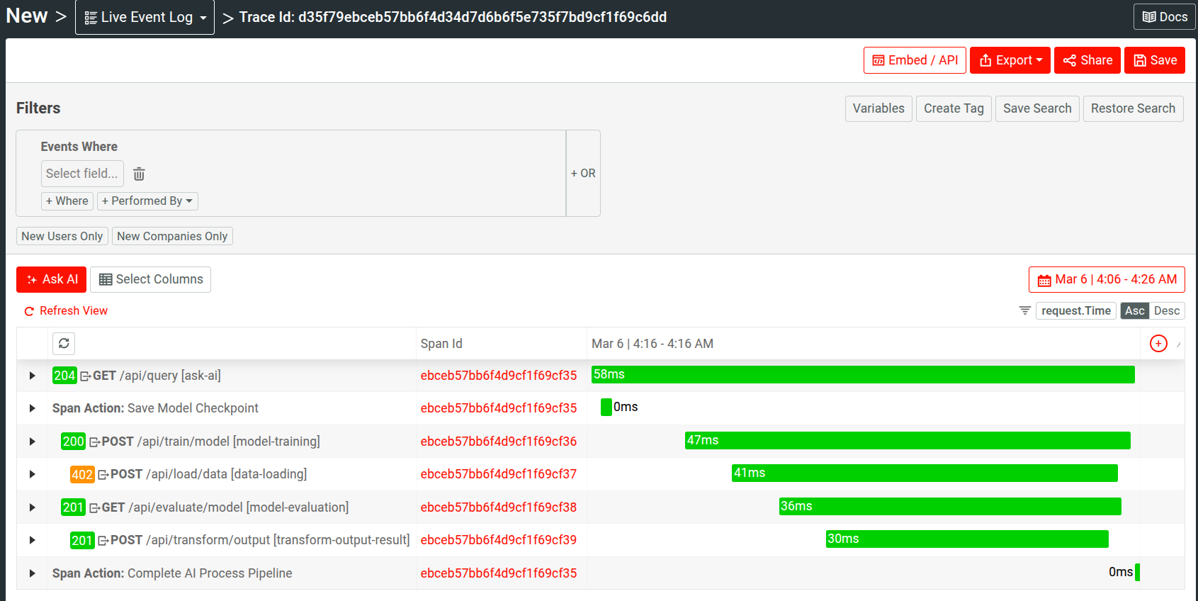 Accessing detailed view for a particular OpenTelemetry trace in Moesif, including the constituent spans and. Digging into trace details in Moesif.