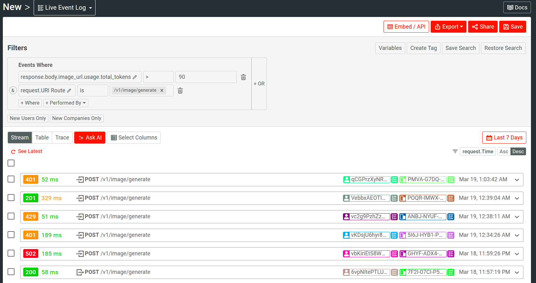 Defining a filter on request body data to see API events having larger context size in an AI API. Filtering API events by context size in an AI API.