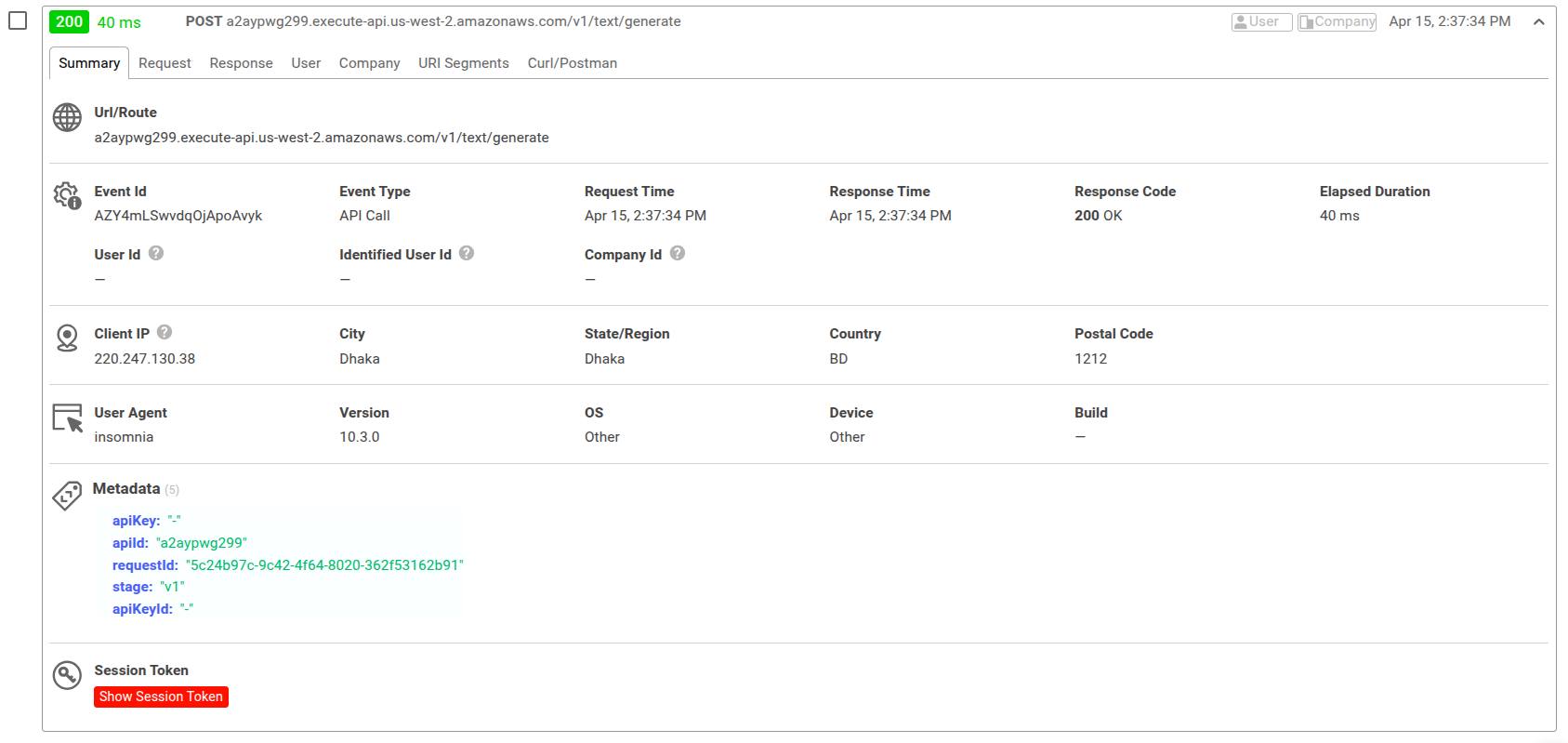 Viewing API Gateway metadata fields for an API event in Moesif Live Event Log workspace. API Gateway metadata fields in Moesif