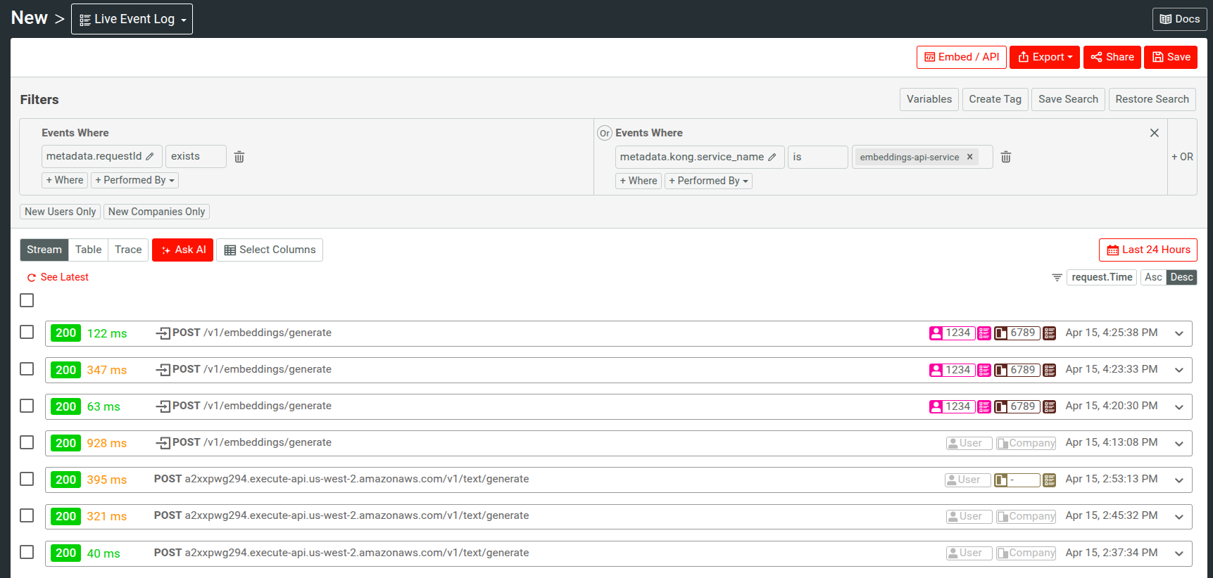 Filtering a Live Event Log workspace by metadata fields to observe events in Kong and API Gateway. Filtering event stream by metadata in Moesif