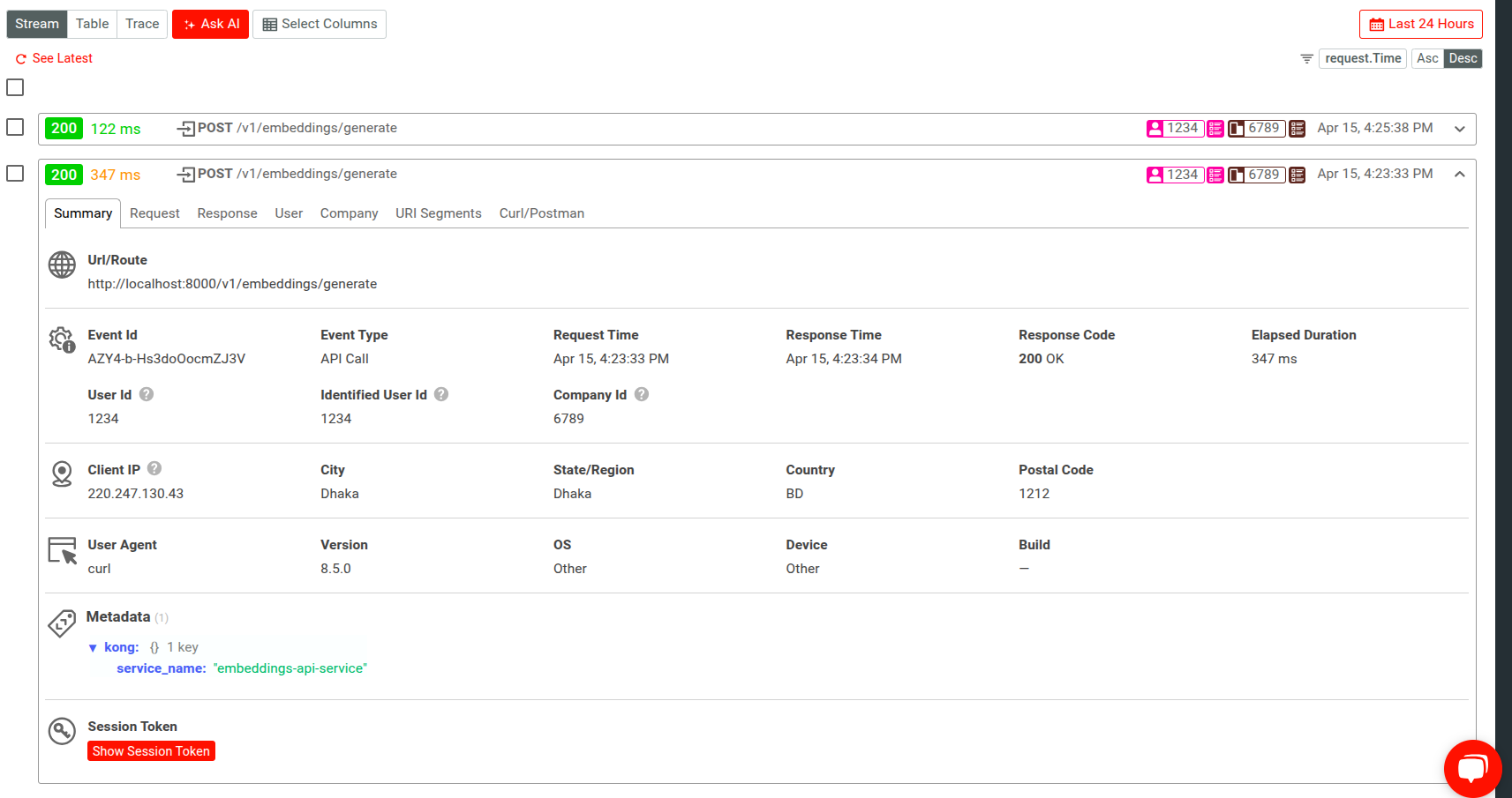 Viewing Kong metadata fields for an API event in Moesif Live Event Log workspace. Kong metadata fields in Moesif