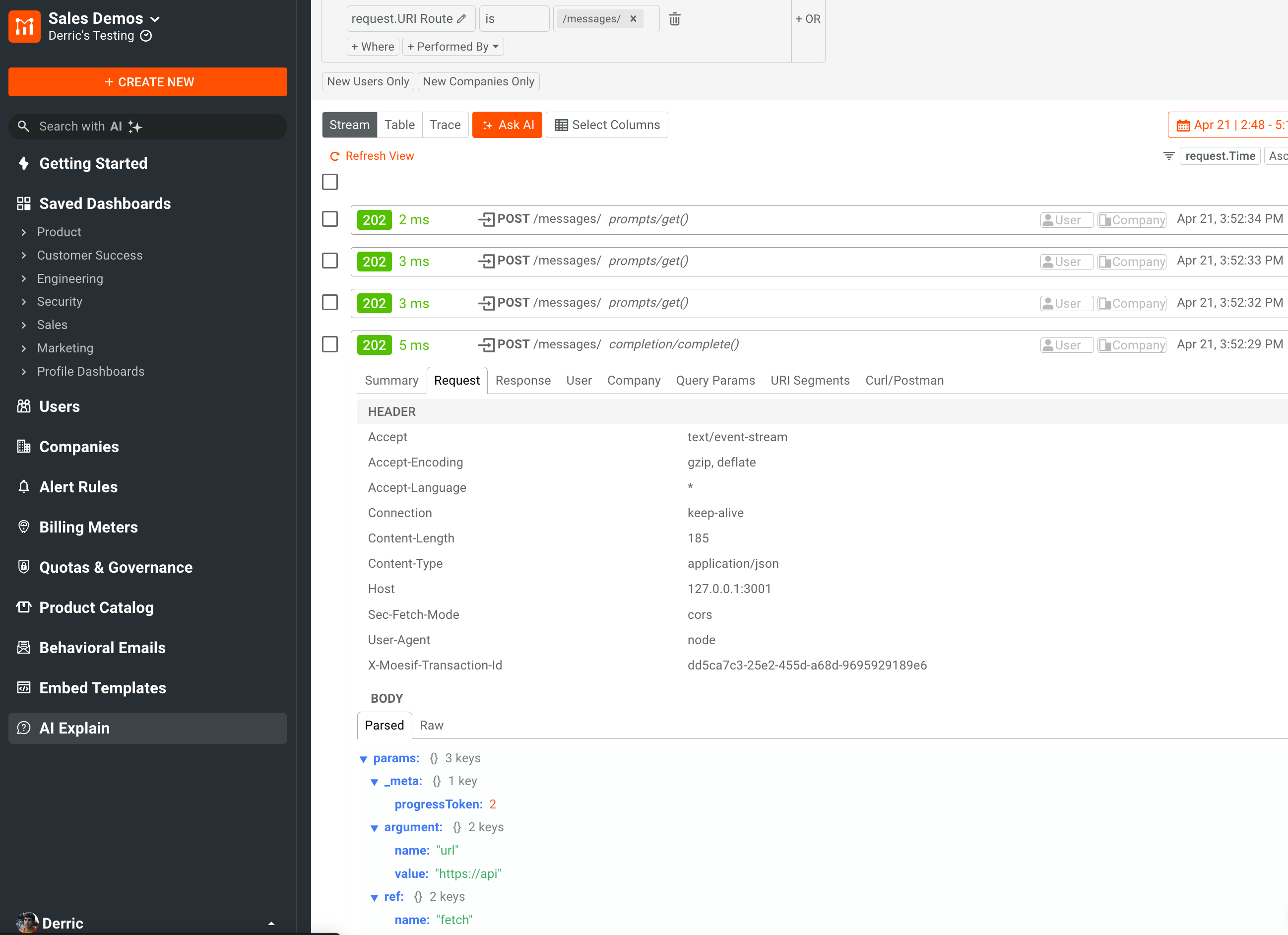 Moesif's Live Event Log workspace showing MCP traffic and their payloads in real time. MCP traffic in Moesif's Live Event Log
