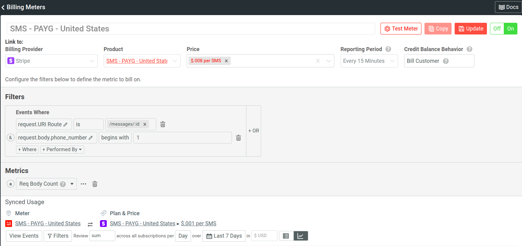 A billing meter in Moesif for a telecommunications API that defines the billable metric as the number of people receiving text messages by counting the number of request body fields. Billing meter for a telecommunications API in Moesif