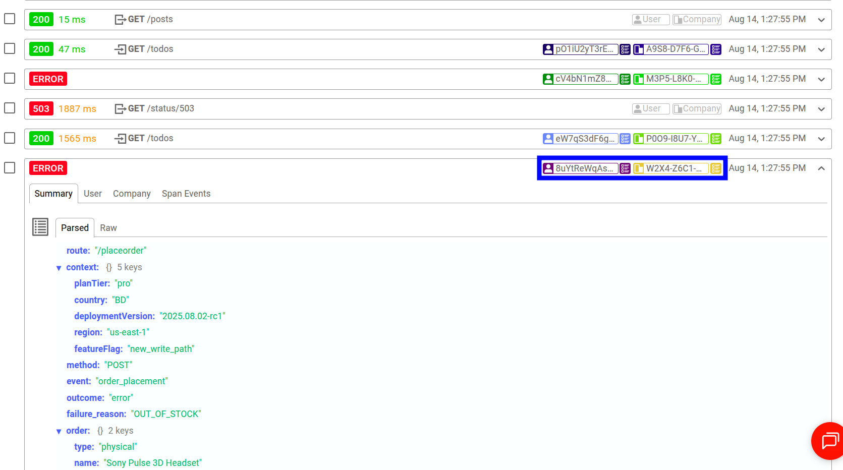Moesif's Live Event Log showing real-time API traffic with customer information attached. Live Event Log in Moesif showing API events and OpenTelemetry logs that have customer information attached.