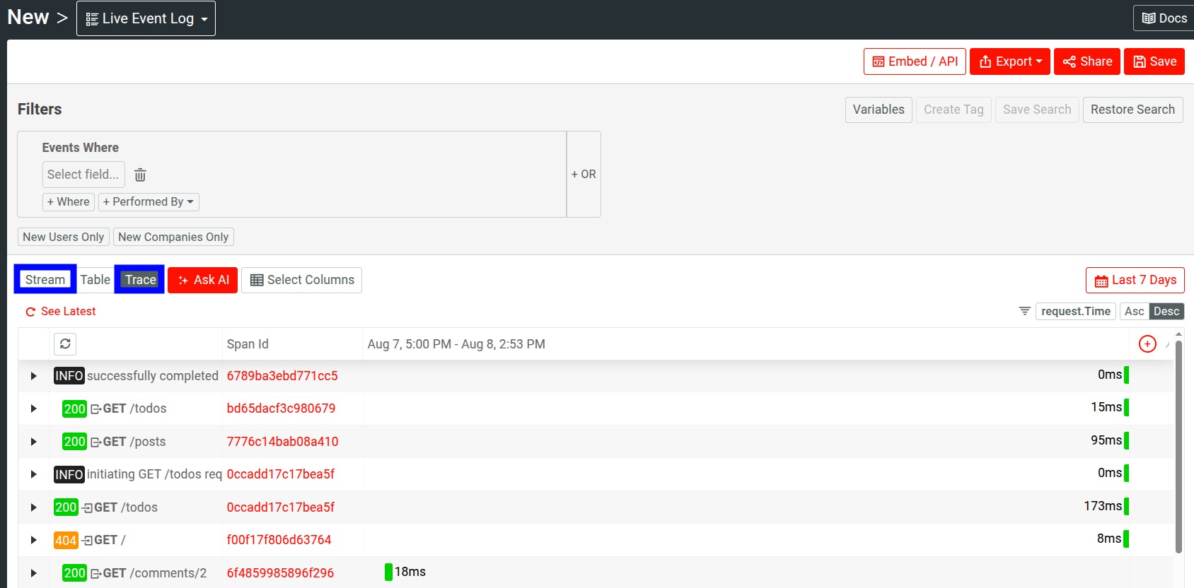 Stream and Trace views in Moesif's Live Event Log. Different views in Live Event Log.