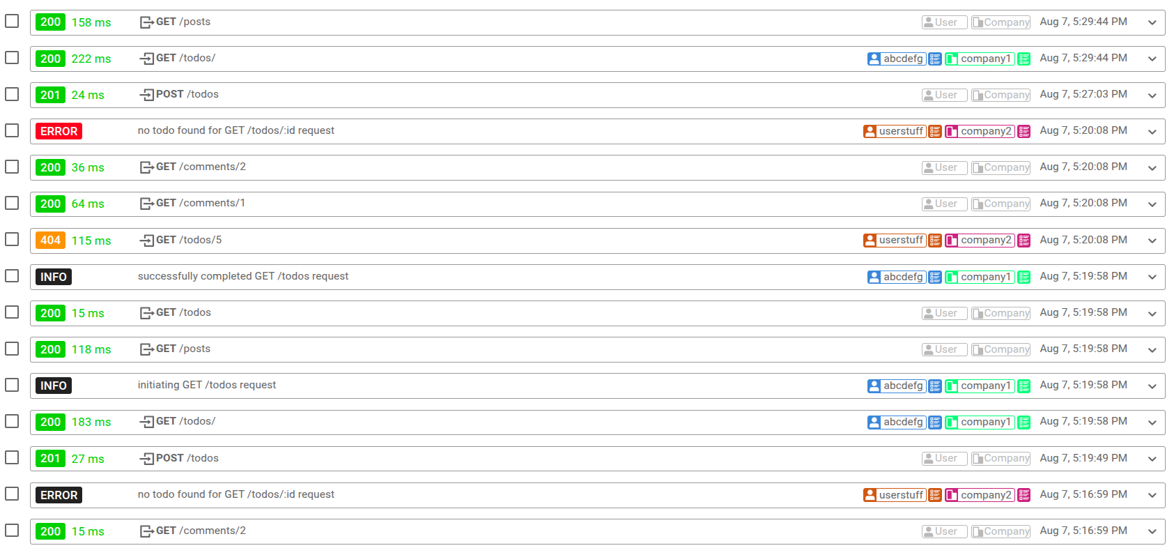 Moesif's Live Event Log showing real-time API events and OpenTelemetry logs. Live Event Log in Moesif showing API events and OpenTelemetry data.