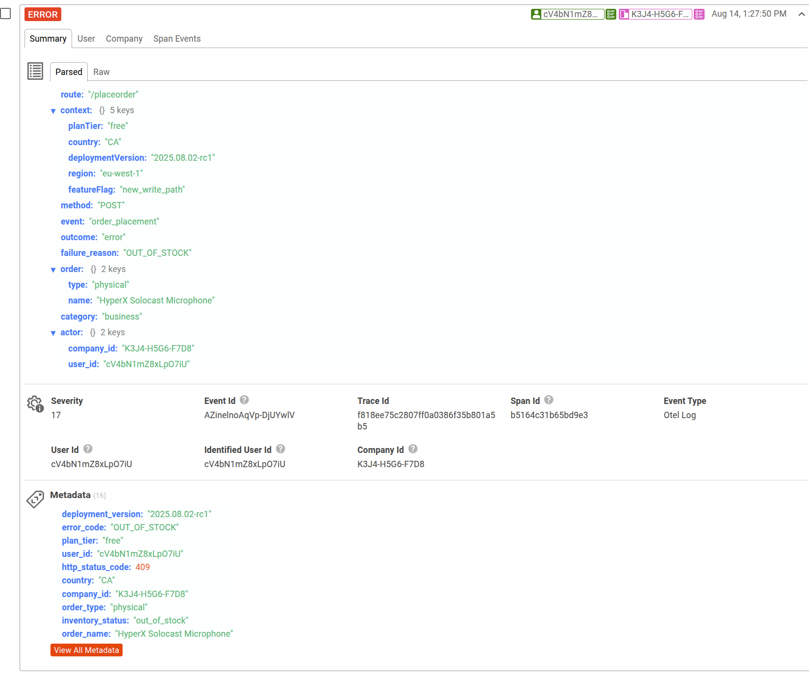 Using Moesif Live Event Log to observe an OpenTelemetry log containing structured JSON. Viewing OpenTelemetry log containing structured JSON in Moesif.
