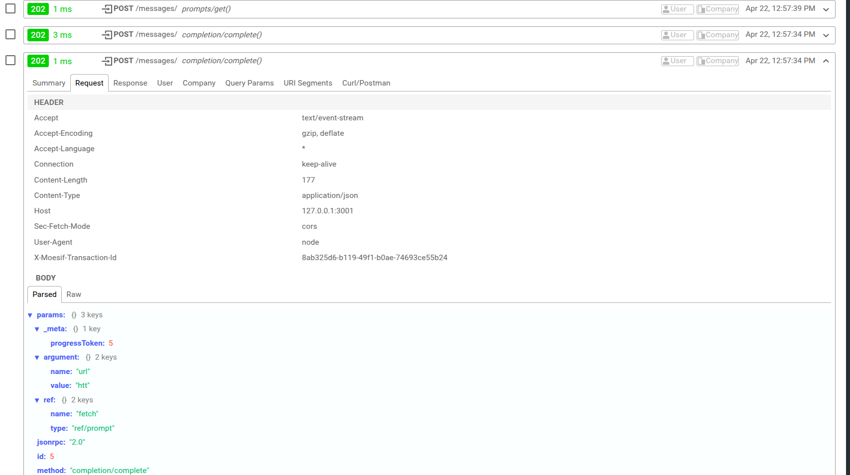 Moesif's Live Event Log showing real-time view of MCP traffic with request and response payload, headers, and more. A Live Event Log workspace in Moesif showing live MCP traffic.