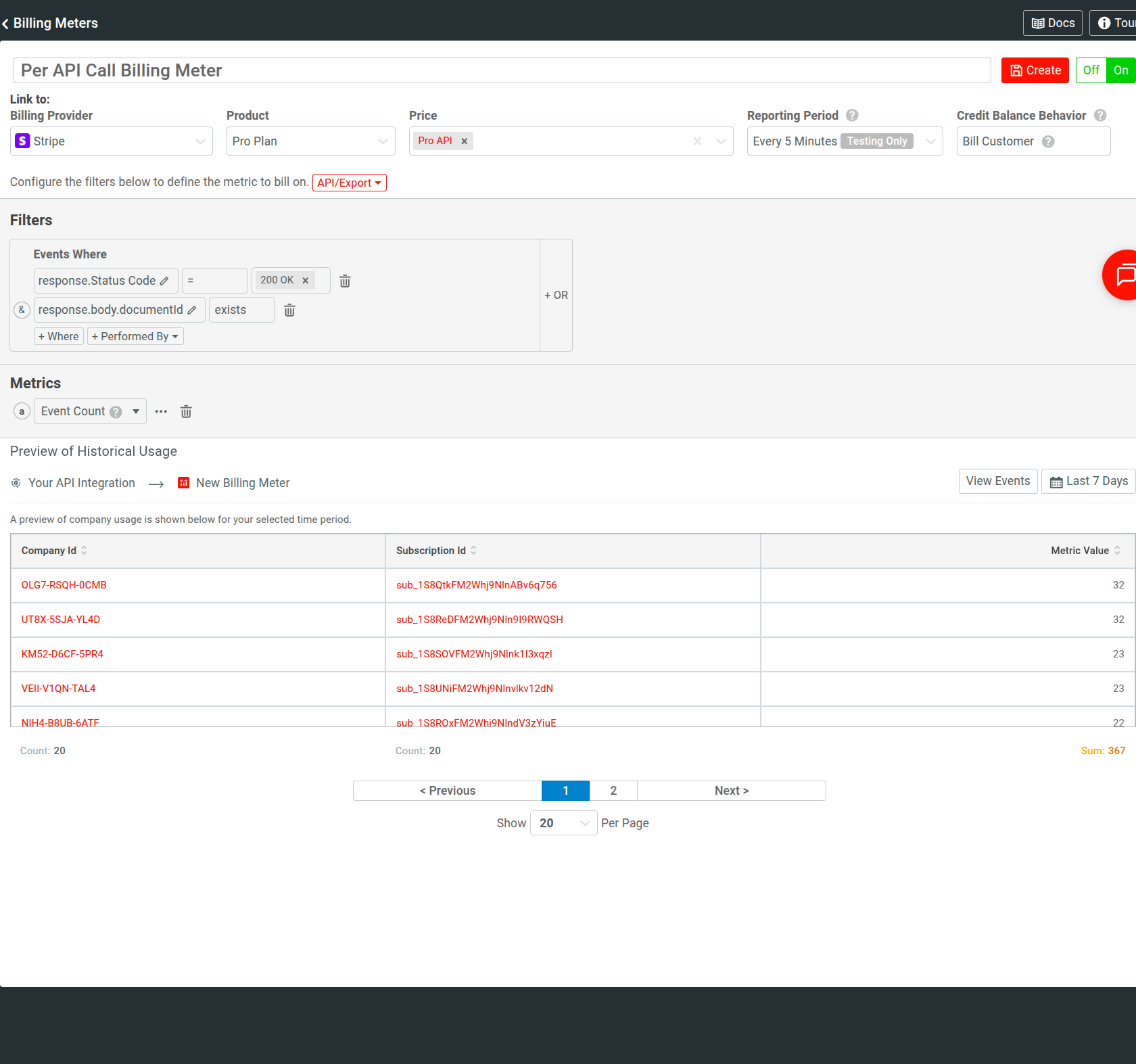 A billing meter in Moesif with 'Event Count' as the billable metric, where successful API calls with valid document IDs are counted. A billing meter in Moesif that counts API requests for charging customers.