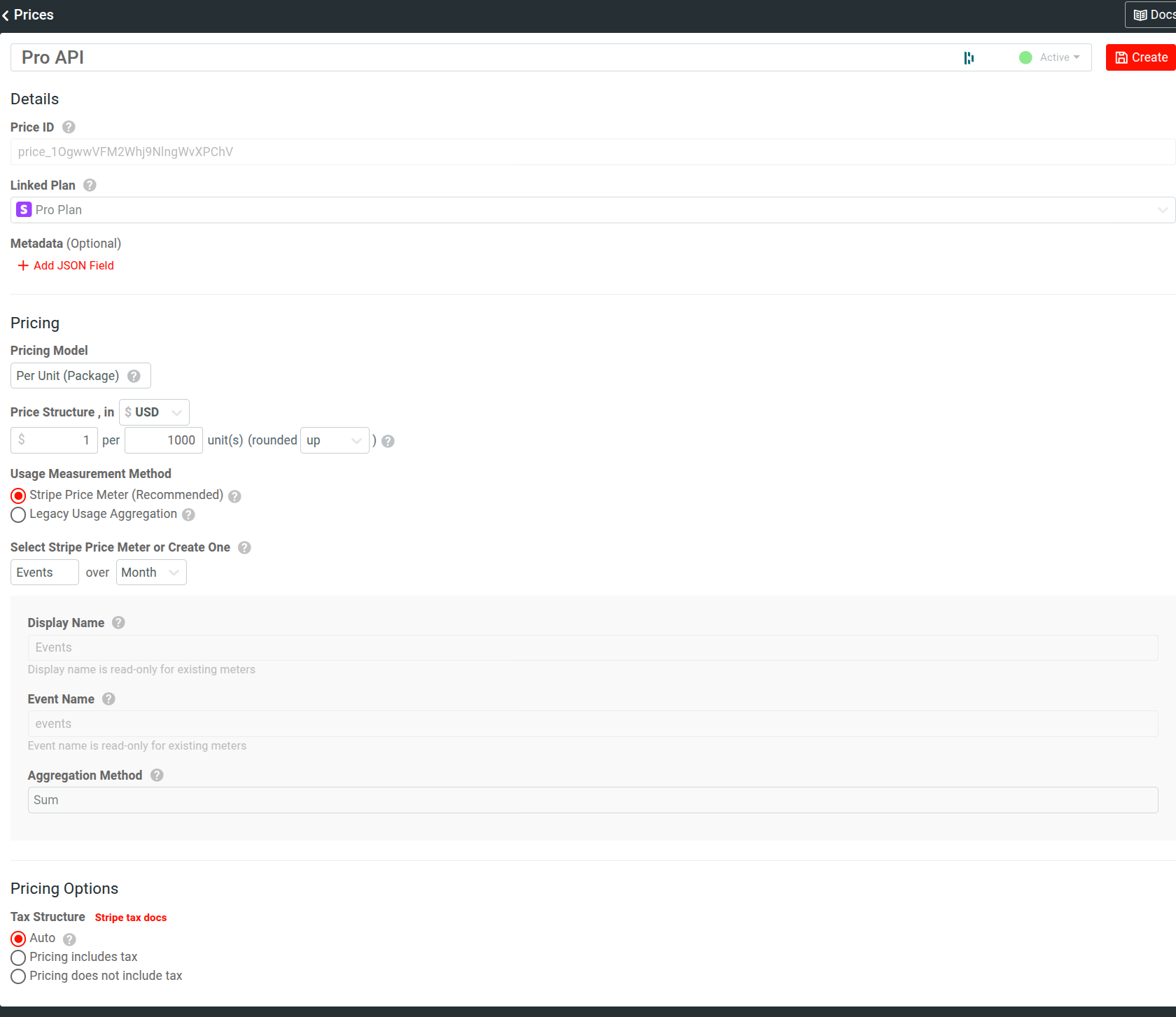 Prices screen Moesif showing a price configuration for an API product. It's a per-unit price structure charging 1 USD for each 1k units of billable metric. A price configuration in Moesif for an API product.