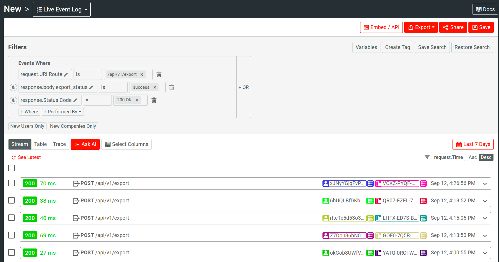 A Live Event Log in Moesif showing real-time API events for CSV exports in a content API. A Live Event Log in Moesif showing real-time API events.