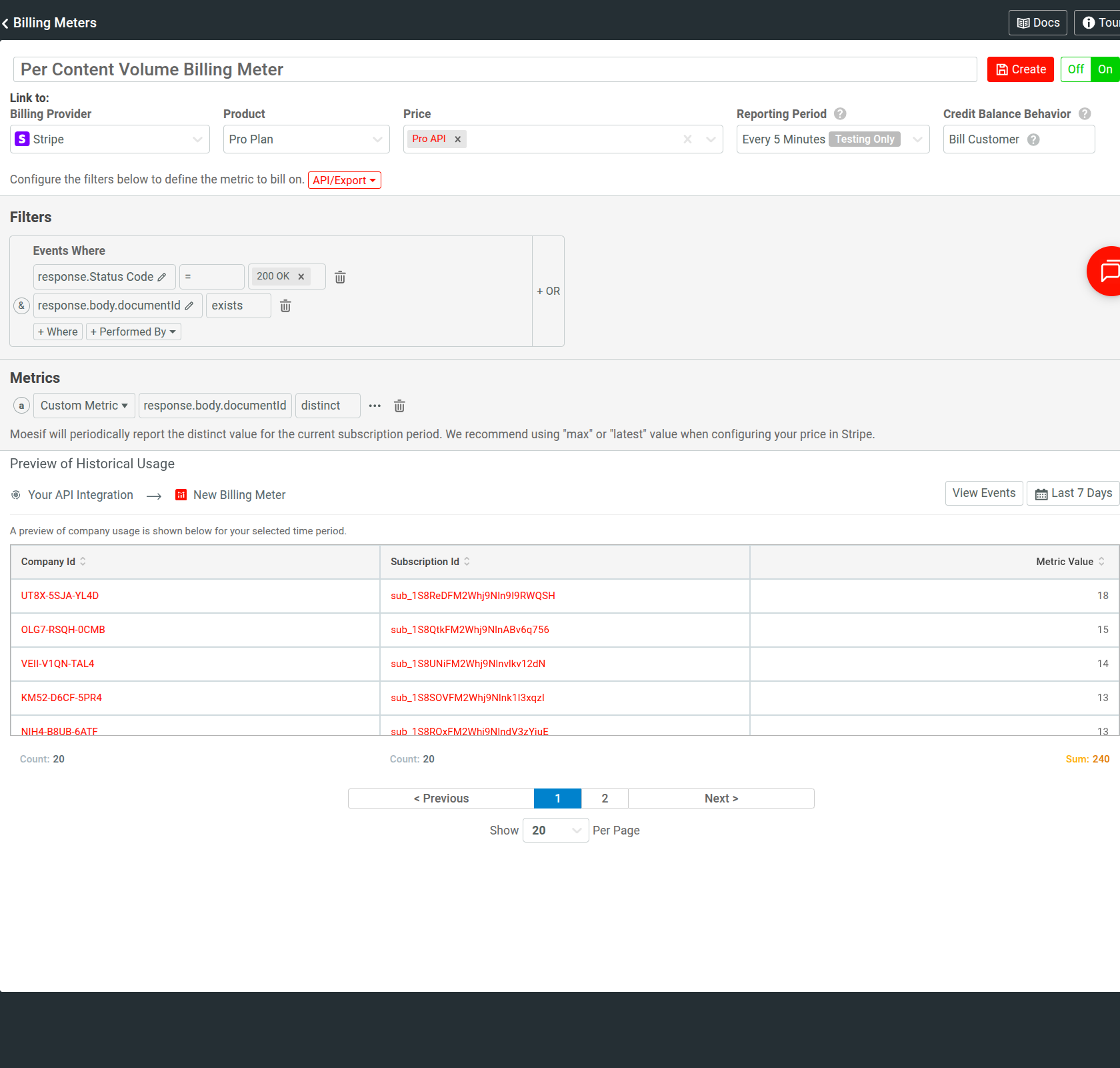 A billing meter in Moesif that defines a custom billable metric using response data. It counts successful API events having distinct document IDs. A billing meter in Moesif that defines a custom billable metric from response data.