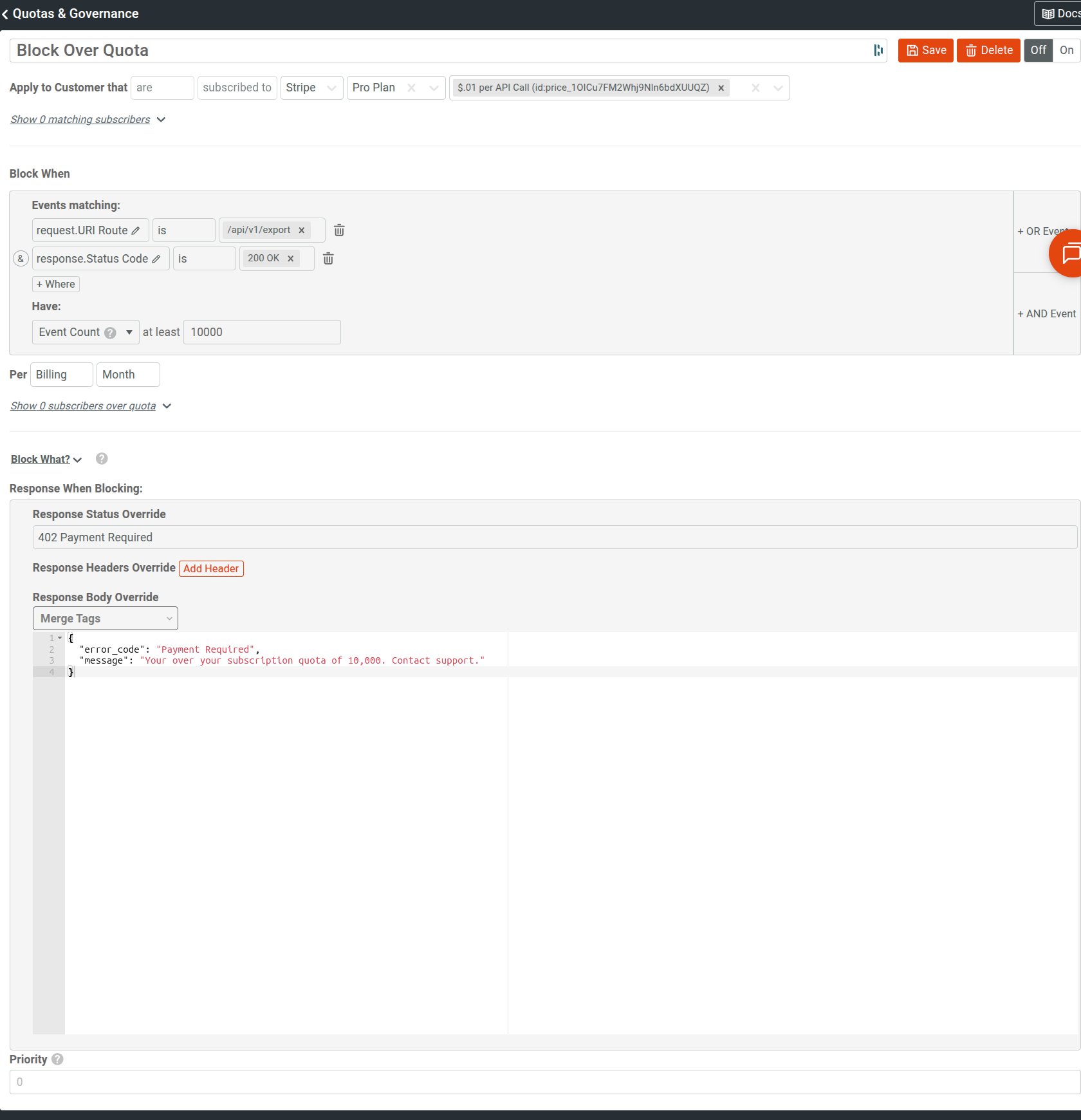 A quota rule in Moesif that prevents access to an API resource when customers exceed their monthly billing period quota. A quota rule in Moesif that blocks customers who exceed their quota.