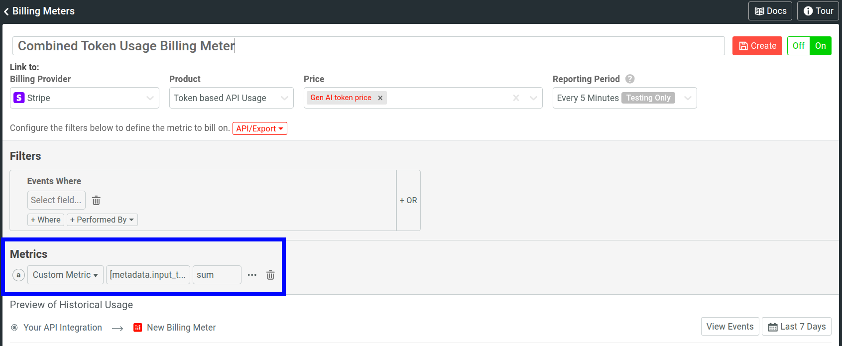 A billing meter in Moesif where the billable metric is the scripted field defined earlier, charging customers by their total token usage. A billing meter in Moesif that charges on total token usage.