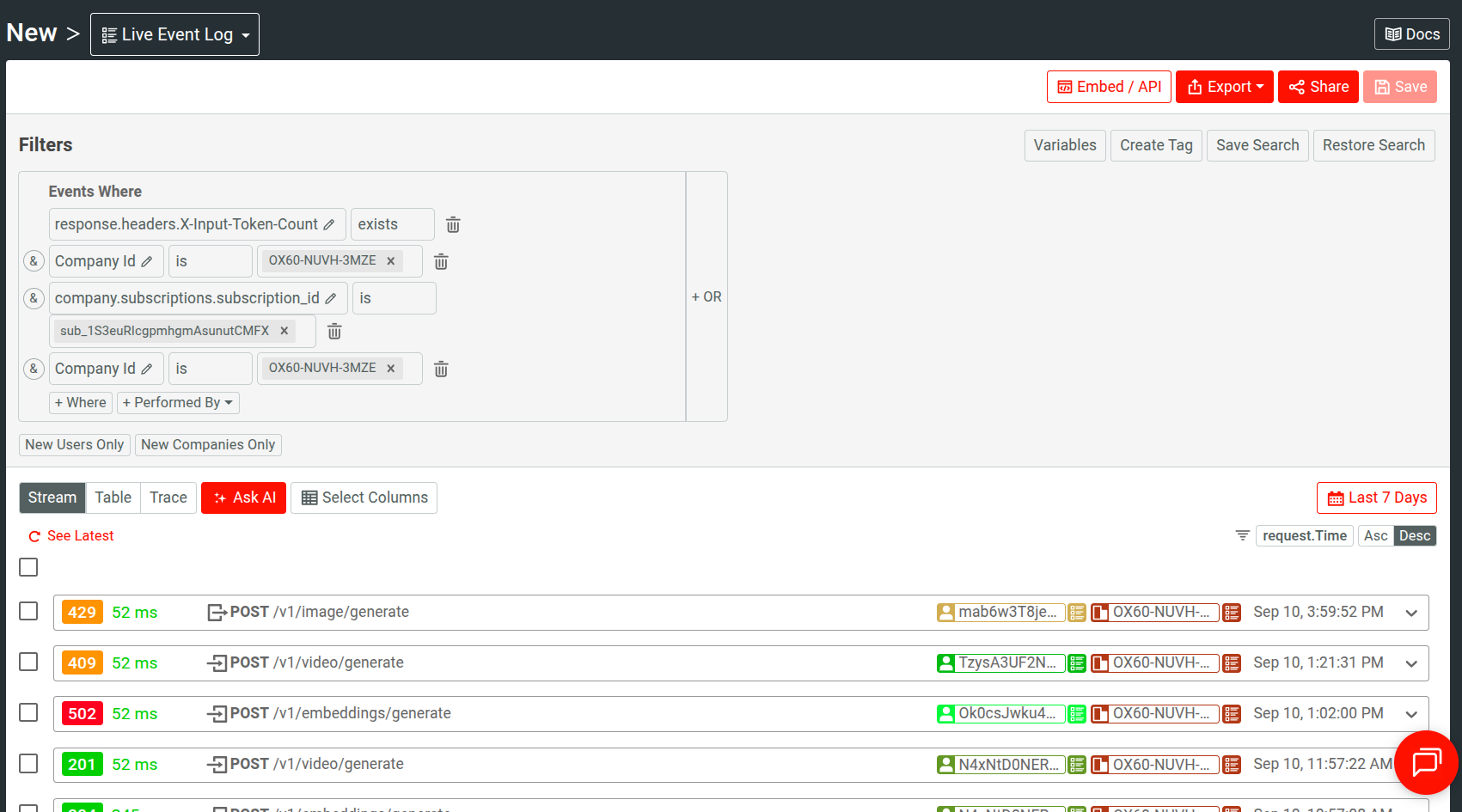 Moesif's Live Event Log showing events associated with a customer's reported usage under a subscription. A Live Event Log in Moesif showing events associated with a customer's reported usage under a subscription.