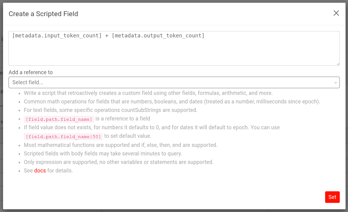 Creating a Scripted Field in Moesif that creates a custom-calculated field containing the sum of input and output token counts. Create a Scripted Field' dialog in Moesif.