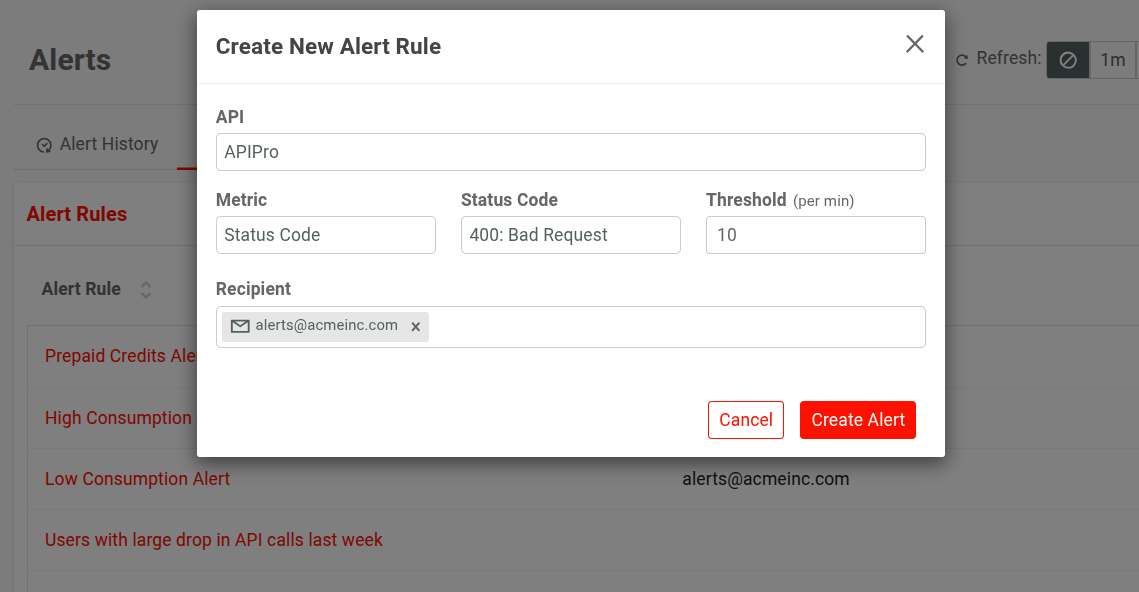 Creating new alert rules in Moesif Basic Insights . 'Create New Alert Rule' dialog to create new alert rule in Moesif Basic Insights.