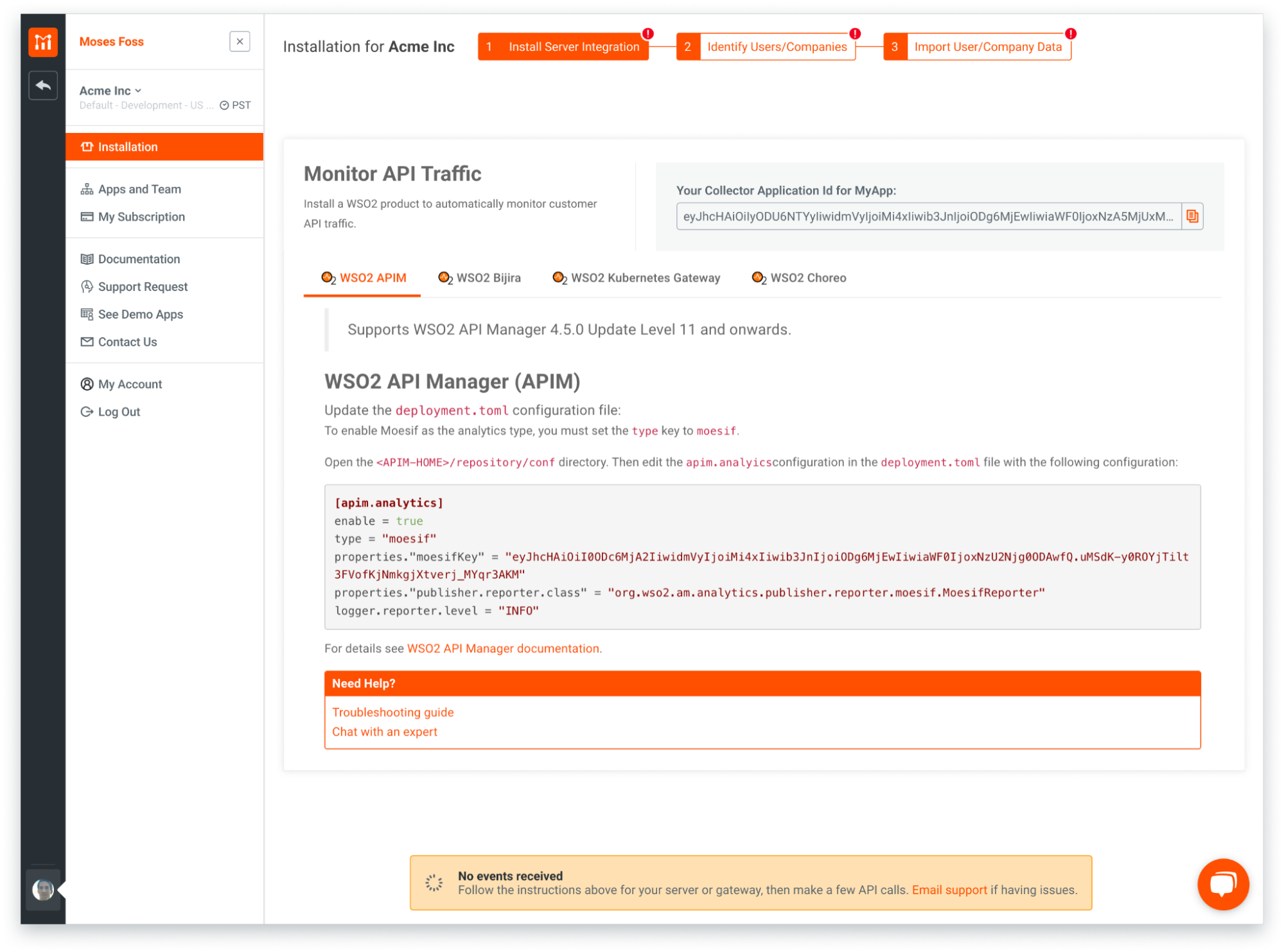 Configuring existing WSO2 API Manager and Bijira integration from the settings menu in Moesif Basic Insights. Configuring existing installation in Moesif Basic Insights from the account settings.
