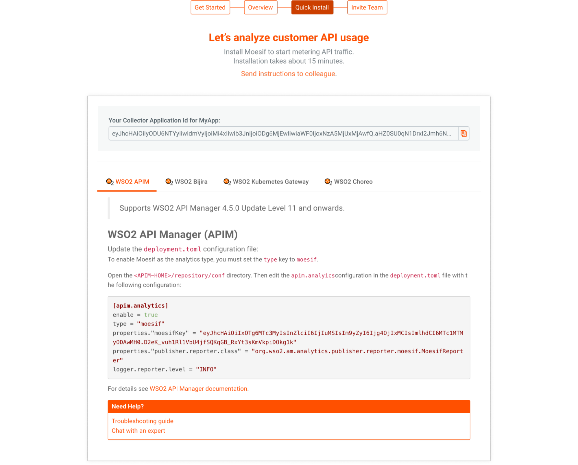 Integration screen in Moesif Basic Insights to integrate with WSO2 API Manager and Bijira. Integration screen for WSO2 in Moesif Basic Insights.