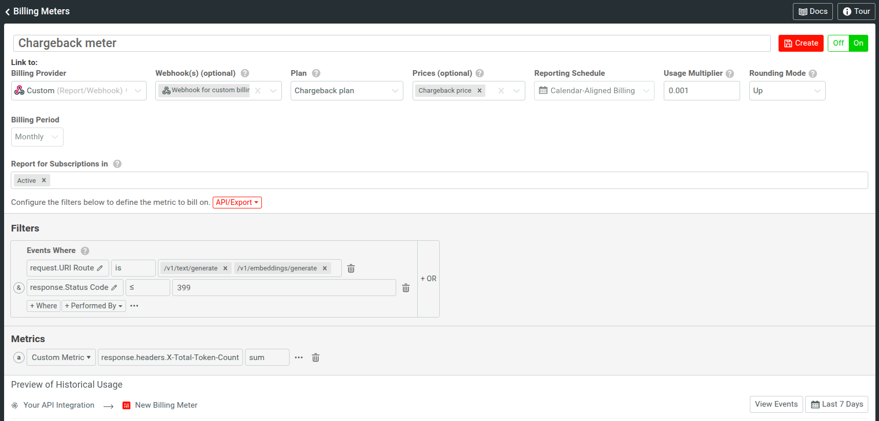 An example billing meter in Moesif that tracks and meters usage of AI text and embeddings generation.
