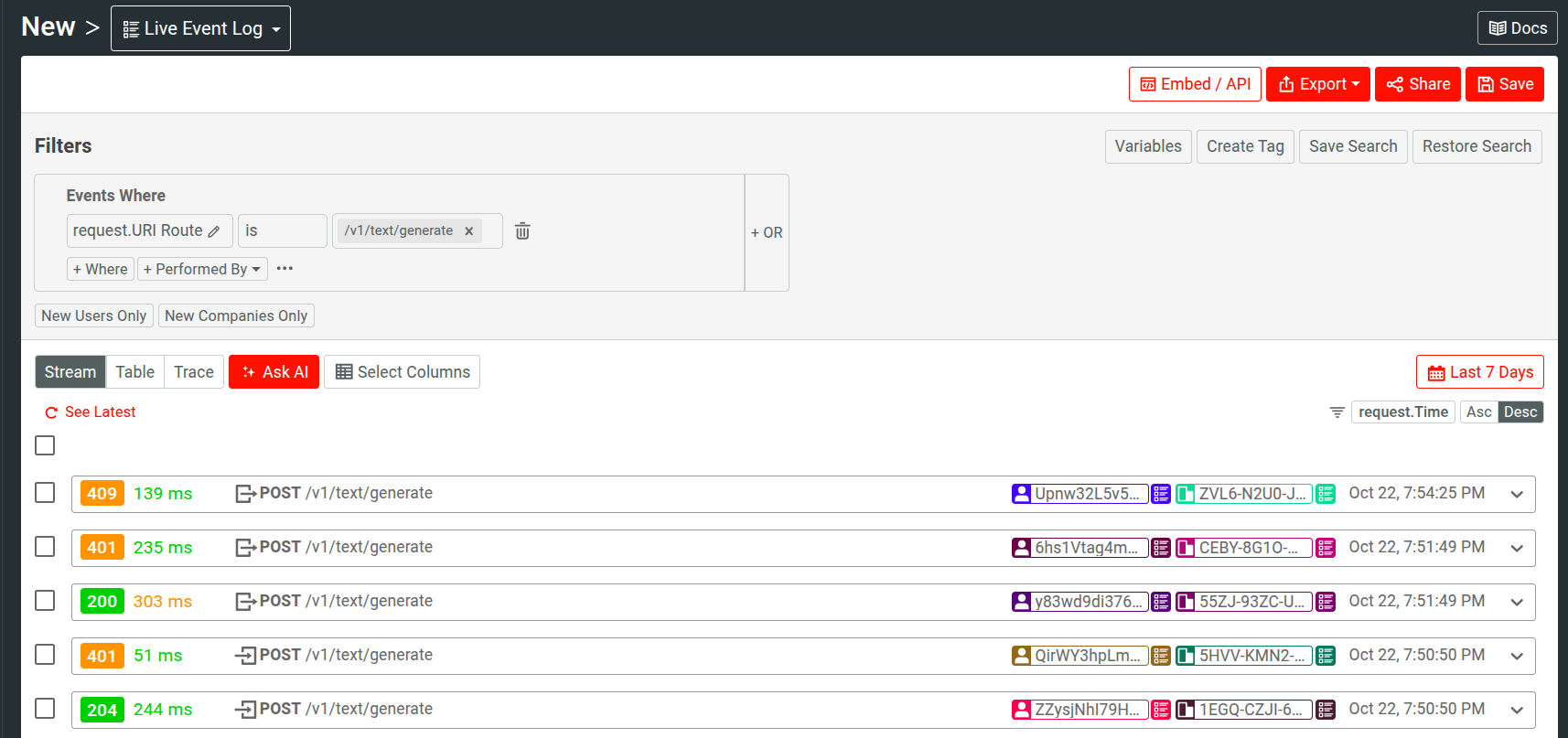 A Live Event Log in Moesif showing real-time API events.