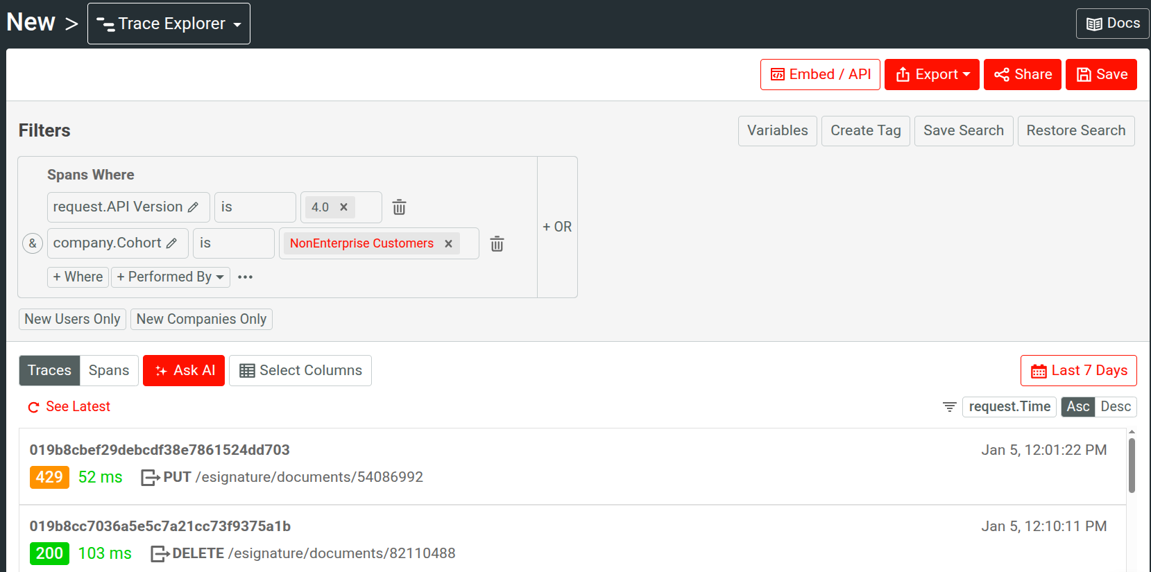 Viewing traces relating to only non-enterprise customers using a specific API version.