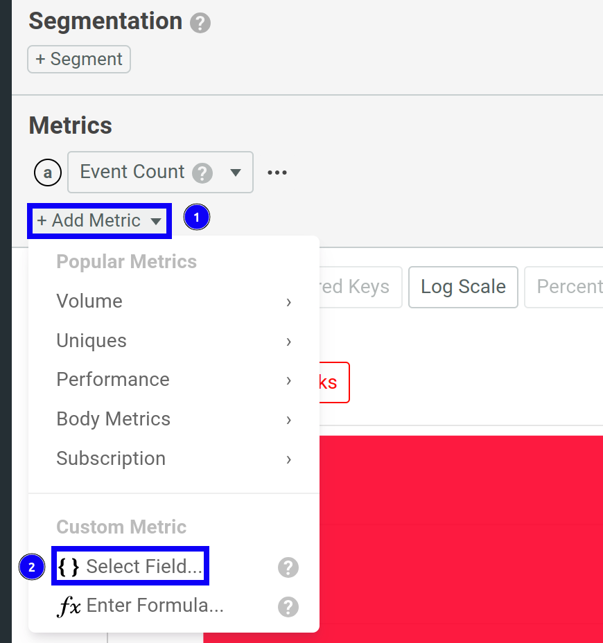 Add custom metric by selecting a custom field in a Segmentation chart