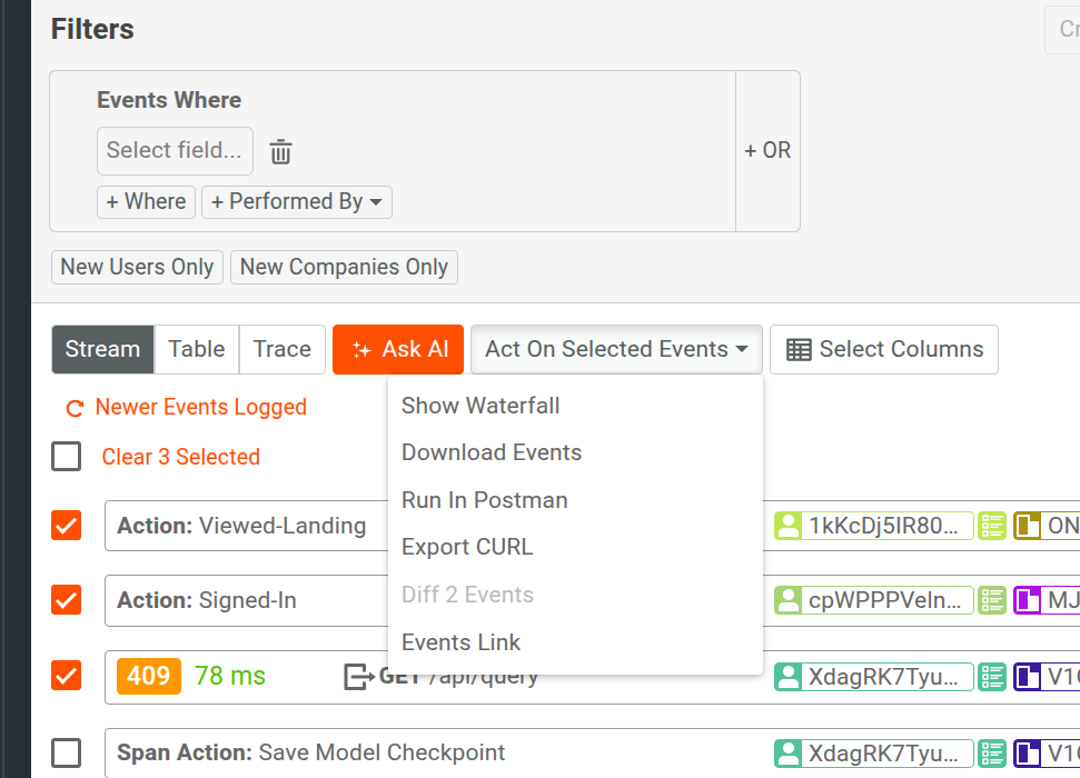 Additional actions available after selecting one or more events in a Live Event Log chart