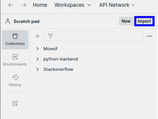 Selecting 'Import' in Postman