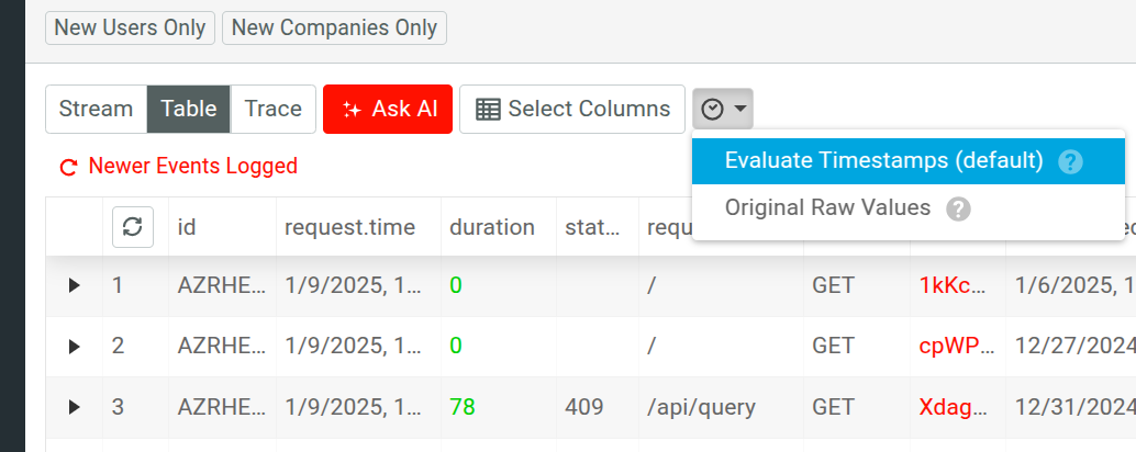 Selecting timestamp values in a Live Event Log table view