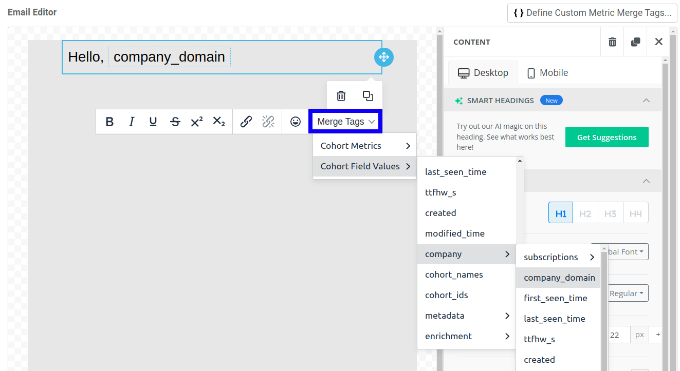 Accessing merge tags from menu in a block of text inside the email editor