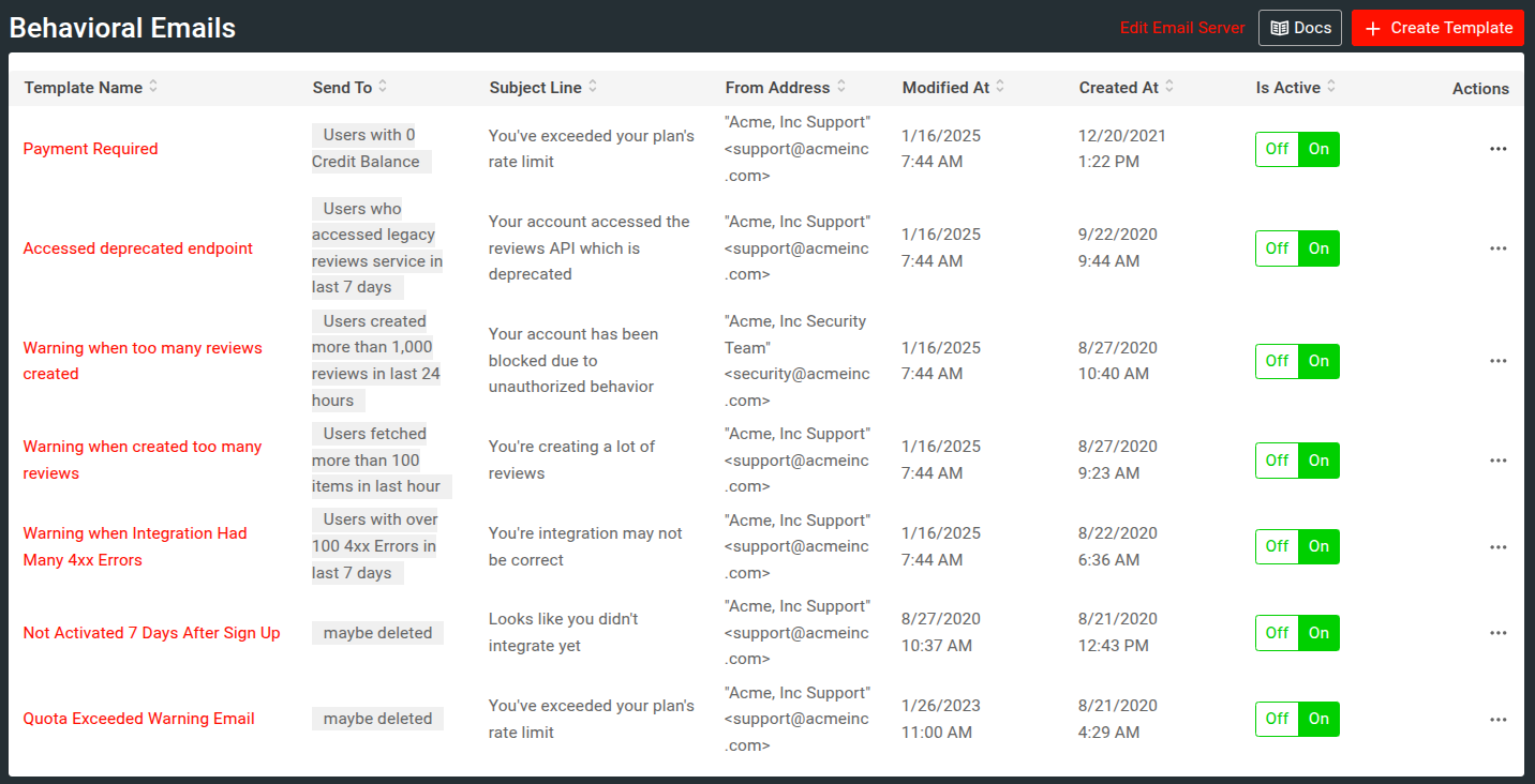 Behavioral Emails screen showing existing email templates list and their details