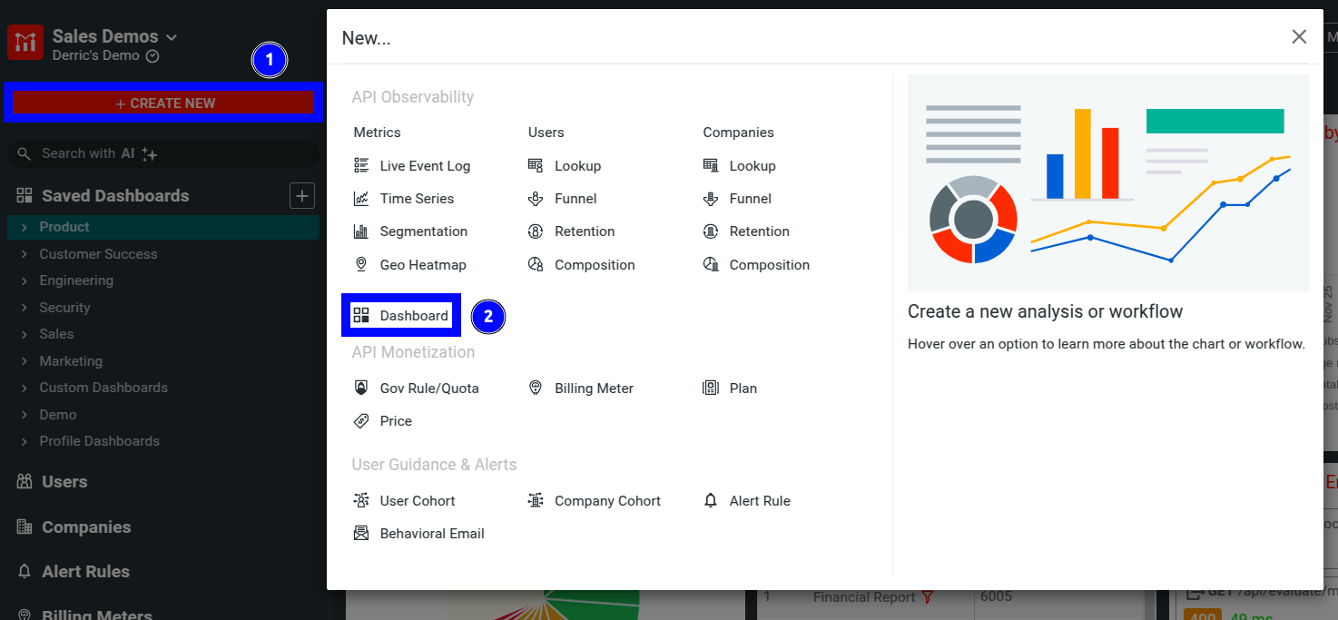 Creating a dashoard through the create new button