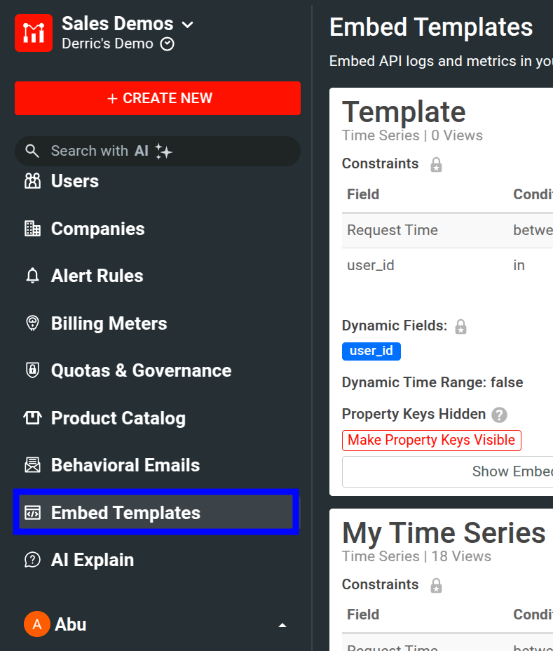 Accessing the Embed Templates screen from the navigation menu in Moesif portal