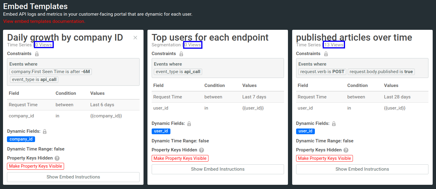 Embed Templates screen showing a list of all the embedded templates. The views of each template is highlihted in blue